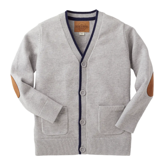 Gray cardigan with elbow patches on a white background
